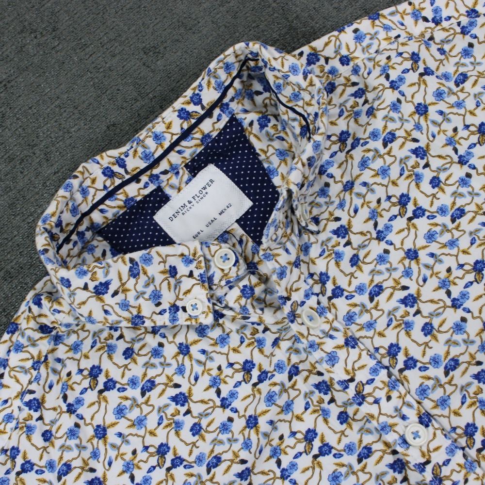 Denim & Flower Ricky Singh Mens Large Floral Button Down Shirt Short Sleeve Blue